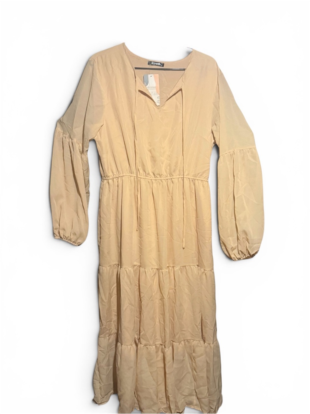 BTFBM Women's  V-Neck long sleeve Long Maxi Beige Dress Elastic waist XL
